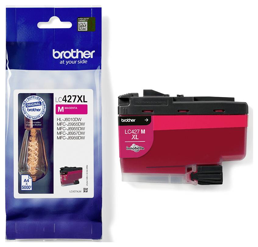 Brother LC427XL M Tintenpatrone, verpackt für spezifische Brother-Druckermodelle, mit einer Druckkapazität von 5000 Seiten.