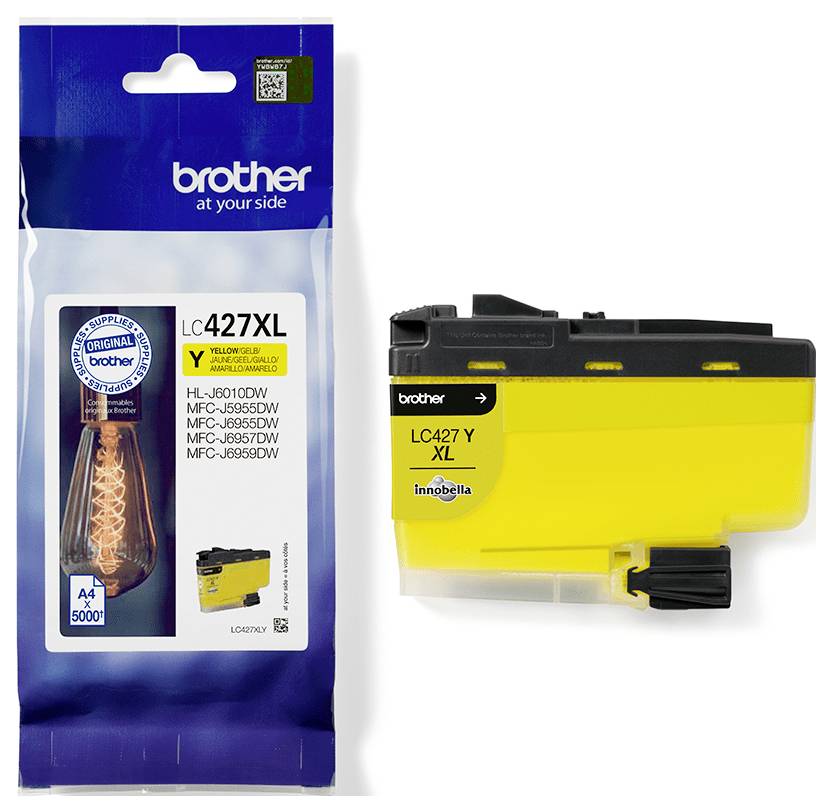 Gelber Brother LC427XL Tintenpatrone Verpackung und Patrone, kompatibel mit bestimmten MFC Druckermodellen.