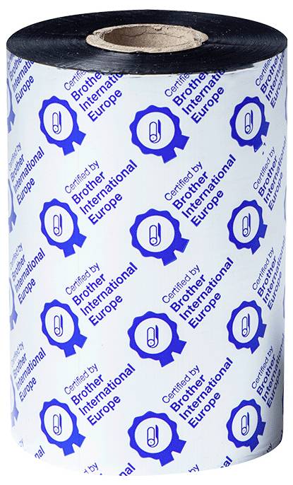 Rolle eines Thermotransferband-Trägers mit 'Zertifiziert durch Brother International Europe', mehrfach in Blau auf weißem Hintergrund gedruckt.