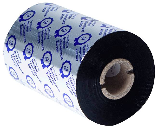 Eine schwarze Thermotransferband-Rolle mit gedrucktem Text 