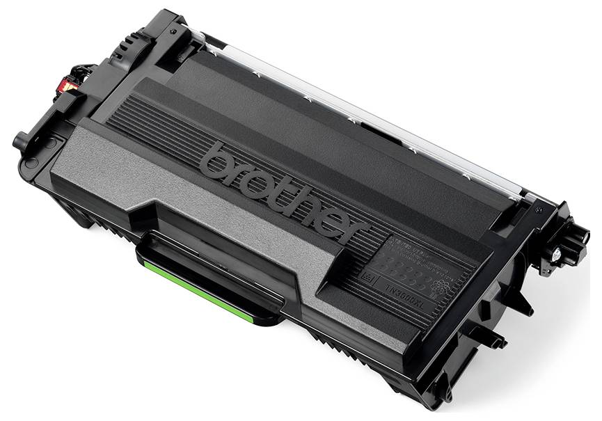 Schwarze Tonerkartusche mit 'Brother'-Logo, die eine rechteckige Form mit einem kleinen grünen Etikett aufweist. Kompatibel mit Brother-Druckern.