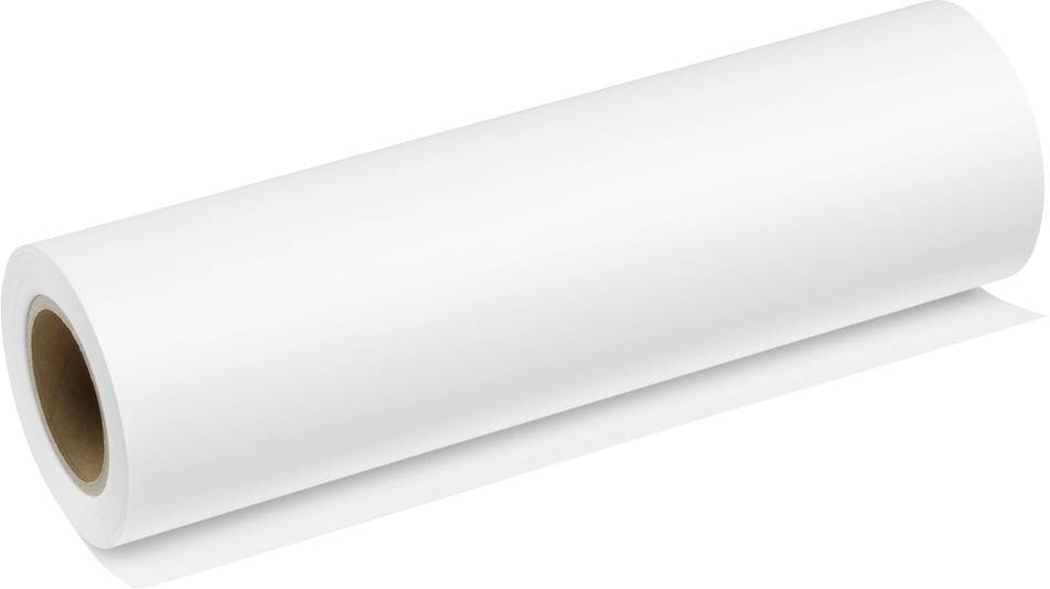Eine Rolle aus einfarbigem weißem Papier, knapp beschnitten, mit einem Pappkern, die vor einem weißen Hintergrund dargestellt wird.