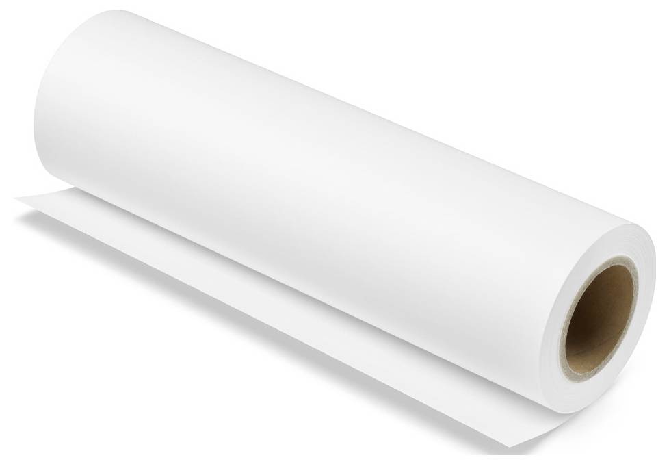 Eine große weiße Papierrolle liegt auf der Seite vor einem weißen Hintergrund und zeigt die Dicke und glatte Textur des Papiers.