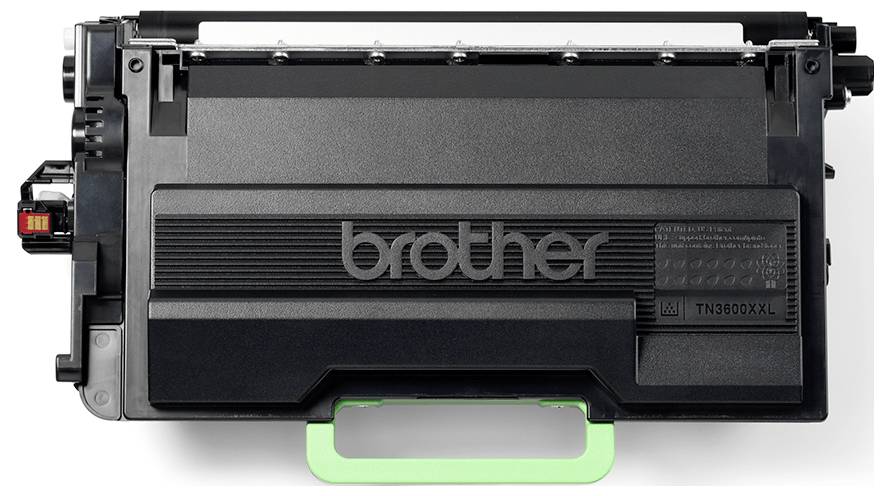 'Brother TN-880XXL' Hochleistungs-Schwarztoner-Kartusche, von der Seite gezeigt, die für bestimmte Brother-Laserdrucker entwickelt wurde.