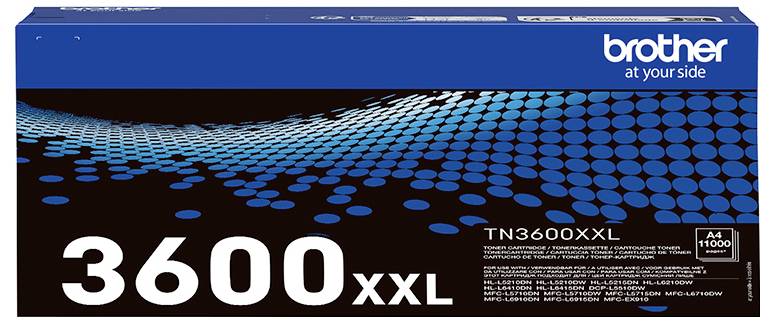 Tonerkartusche von 'Brother' in einer Verpackung mit der Bezeichnung '3600XXL' für hochergiebigen Druck, die ein blaues Punktmuster zeigt und kompatible Modellnummern aufweist.
