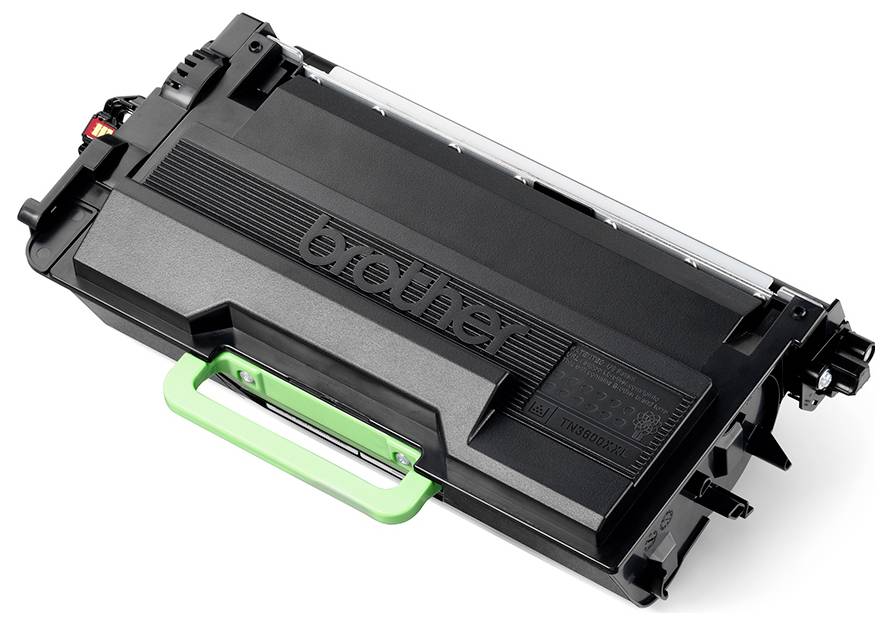 Schwarze Druckertonerkassette mit grünem Griff, der Marke 'Brother'. Geeignet für die Verwendung in Laserprintern.