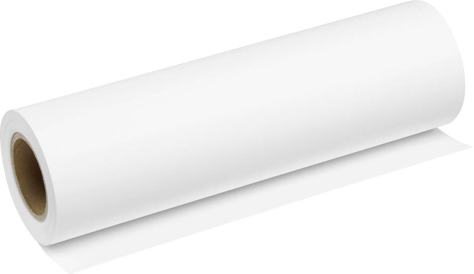 Eine Rolle aus schlichtem weißem Papier, teilweise ausgerollt und eine glatte Oberfläche zeigend.