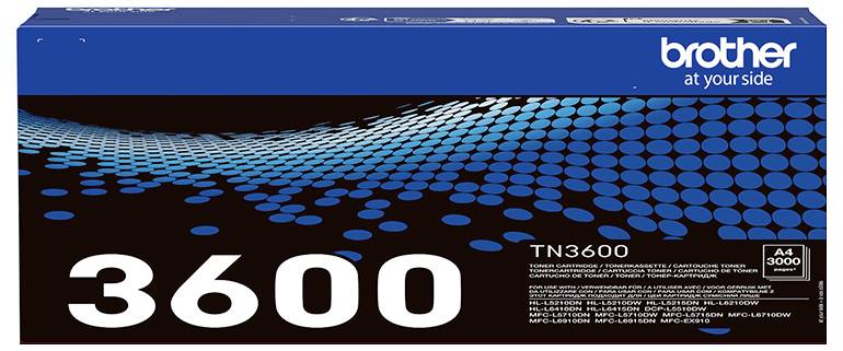 Eine 'Brother TN3600' Tonerkartusche in einer Verpackung mit blau und schwarzem Design, die die Produktnummer '3600' prominent hervorhebt.