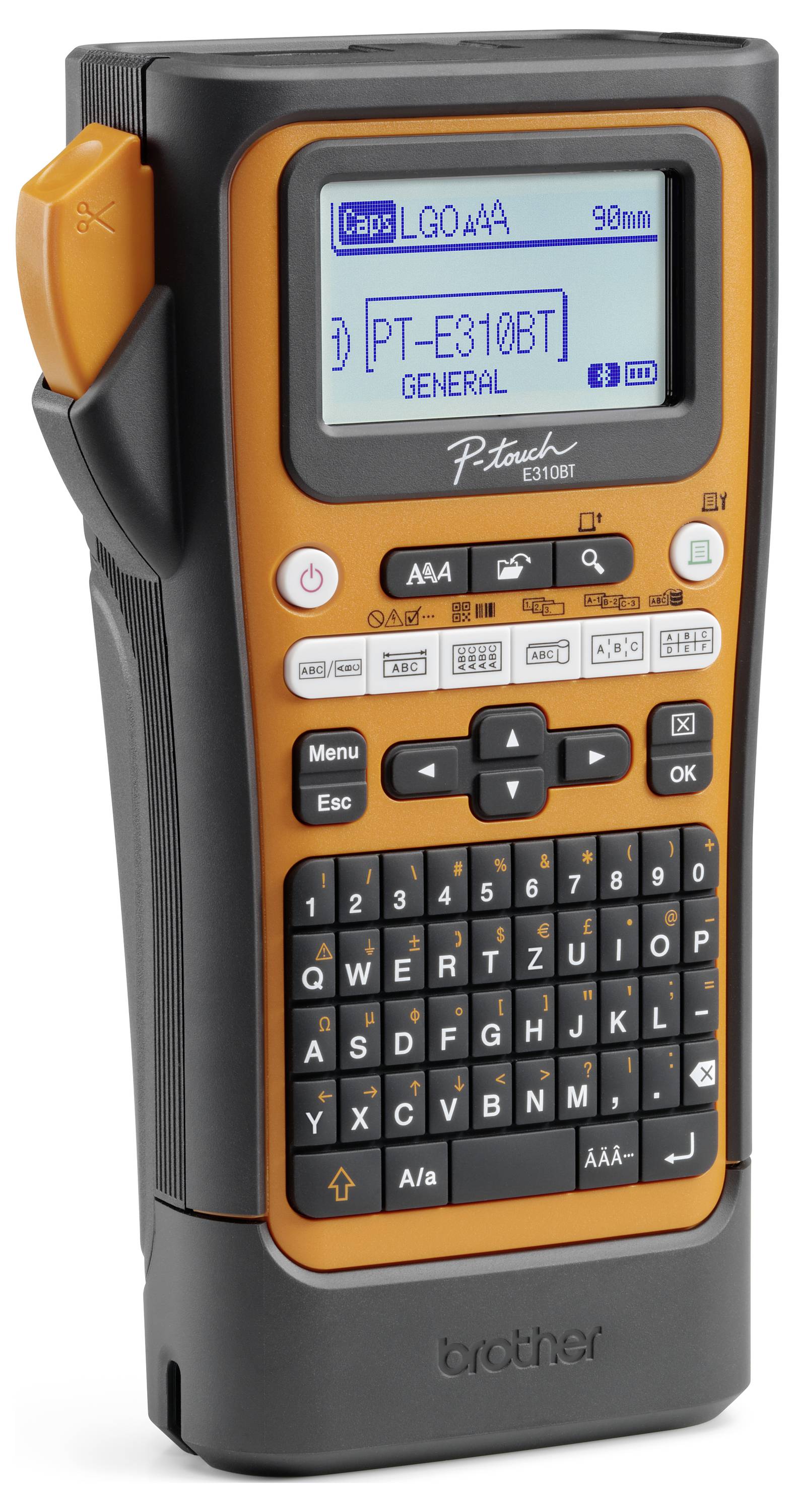 Ein tragbares Beschriftungsgerät in Schwarz-Orange mit einer QWERTZ-Tastatur, einem LCD-Bildschirm und Funktionstasten. Modell: P-touch E310BT.