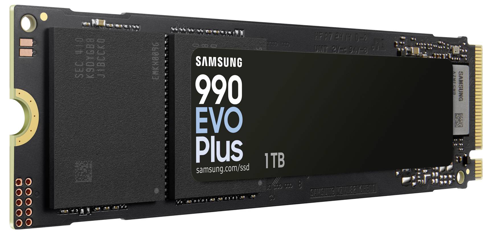 SSD-M2-Karte mit der Aufschrift 'Samsung 990 EVO Plus 1TB', schwarze Platine mit goldenen Kontakten, seitliche Ansicht.