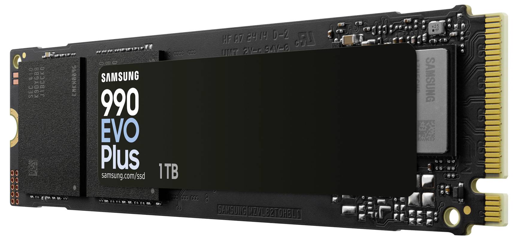 Eine Samsung 990 EVO Plus SSD mit 1 TB Speicher, M.2-Formfaktor, primär schwarz mit goldfarbenem Anschluss, zur Datenlagerung.