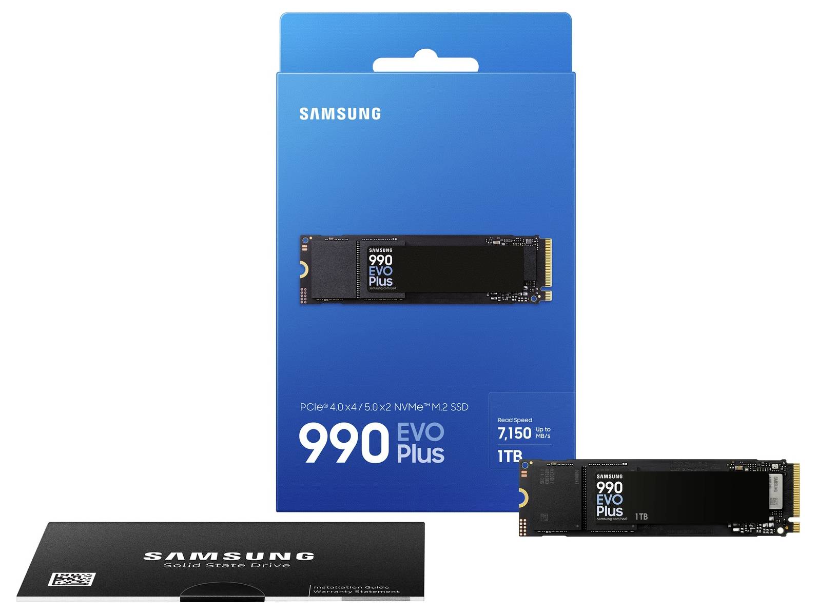 Das Bild zeigt eine Samsung 990 EVO Plus SSD mit 1 TB, präsentiert in einer blauen Verpackung. Geschwindigkeit bis zu 7.150 MB/s.