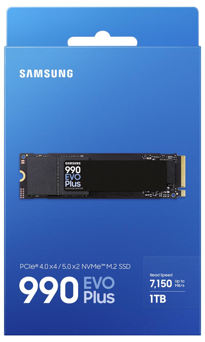 Samsung 990 EVO Plus 1TB NVMe SSD Verpackung, bietet Lesegeschwindigkeit bis 7.150 MB/s.