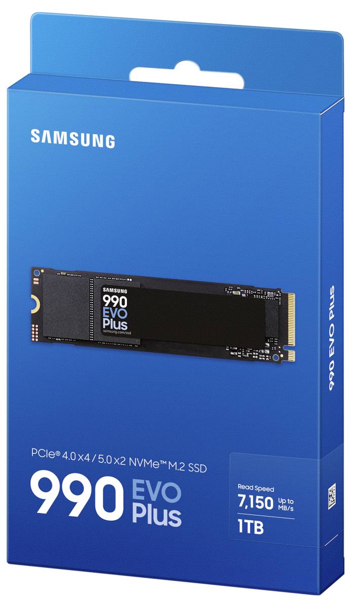 Samsung 990 EVO Plus SSD-Verpackung, 1TB. Der SSD-Typ ist PCIe 4.0 x4 / 5.0 x2 NVMe M.2. Angegebene Lesegeschwindigkeit: 7.150 MB/s.