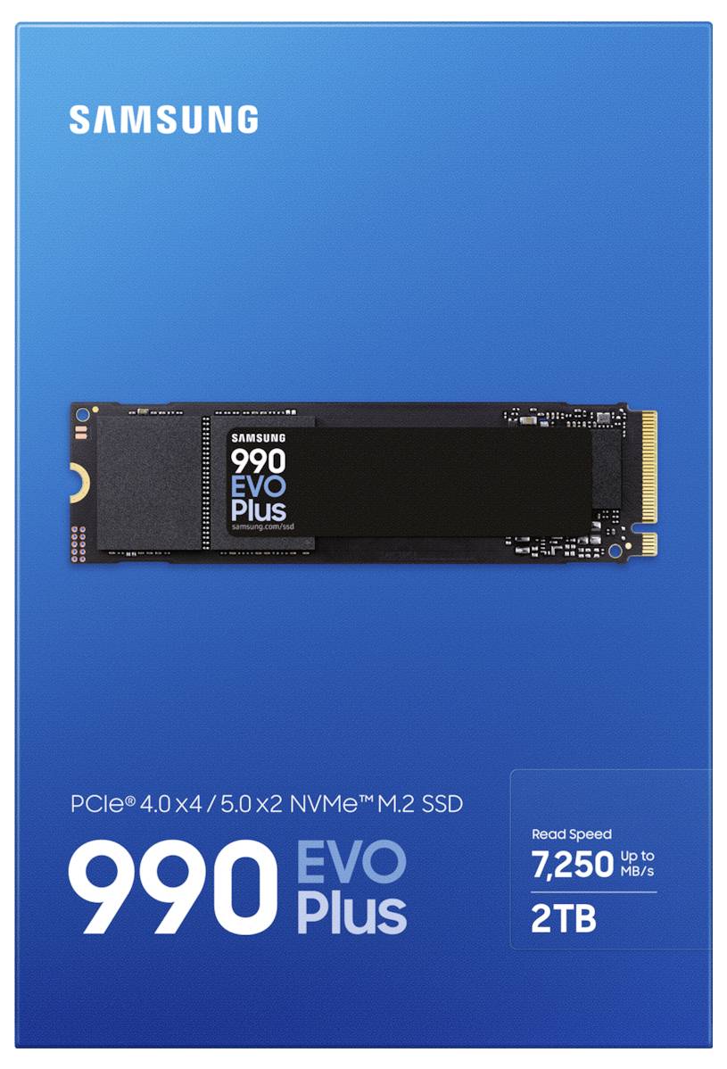 Samsung 990 EVO Plus NVMe SSD, PCIe 4.0 x4, 2 TB, Lesegeschwindigkeit bis zu 7.250 MB/s, M.2-Format.