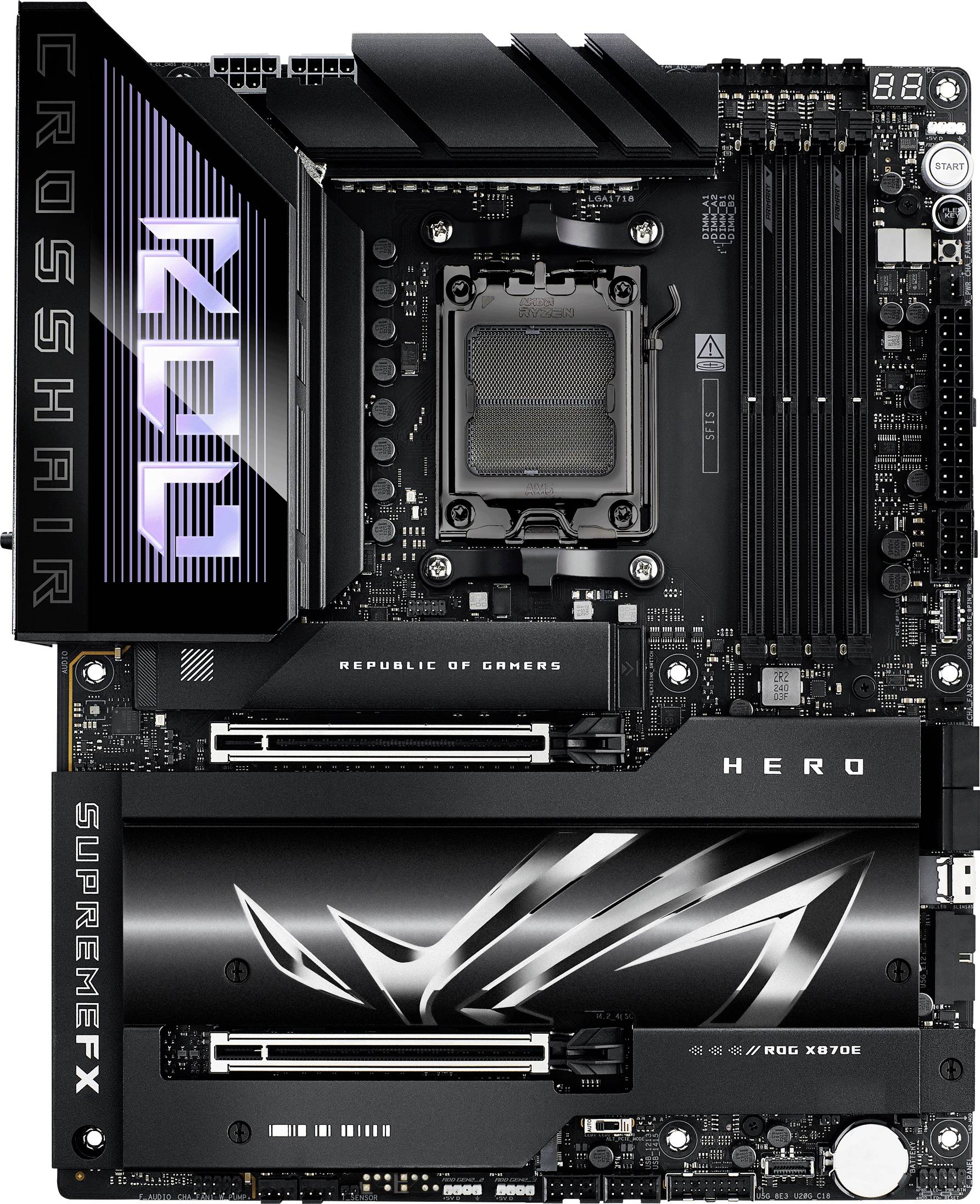 Das Bild zeigt ein computer-Motherboard, markiert mit 'Crosshair', 'ROG', 'SupremeFX' und 'Hero'. Sockel und Erweiterungssteckplätze sind sichtbar.