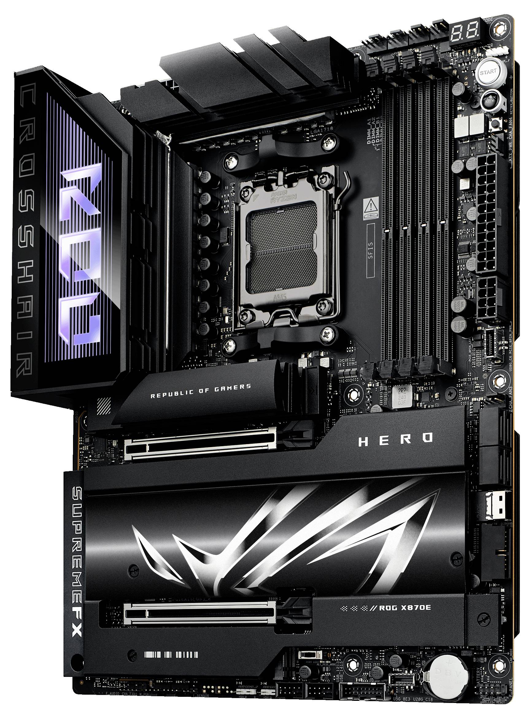 Ein schwarzes Motherboard mit leuchtendem 