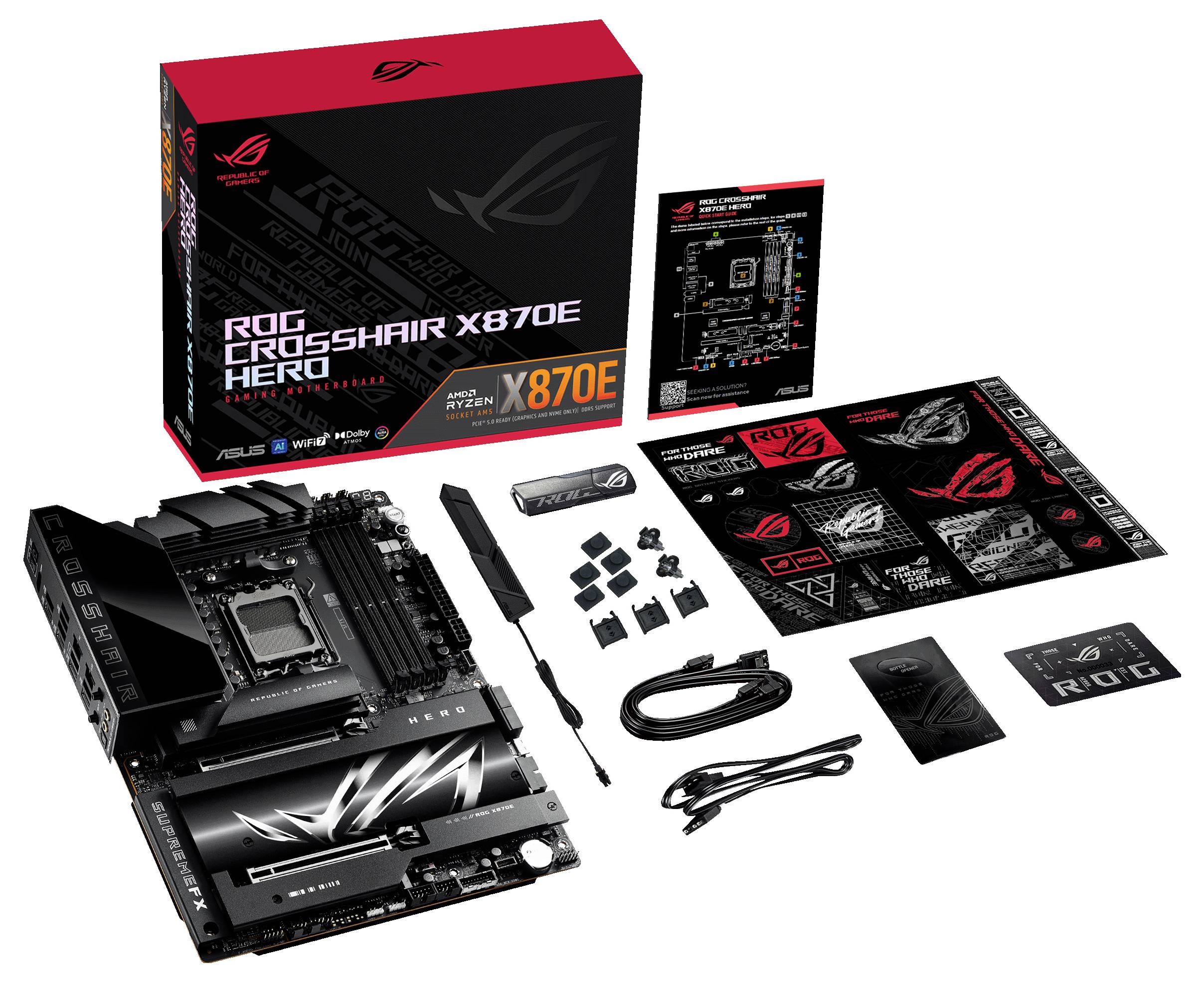 'ASUS ROG Crosshair X670E Hero' Mainboard mit Zubehör, Anleitung und Verpackung. Geeignet für Gaming-PCs, unterstützt AMD Ryzen 7000 CPUs.