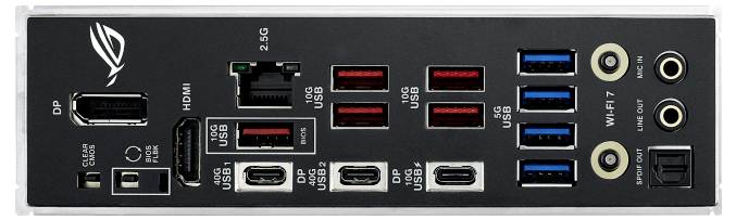 Rückseite einer Computer-Hauptplatine mit mehreren USB-Anschlüssen, Ethernet-Port, HDMI, DisplayPort, Audio-Ausgängen und Wi-Fi-Antenne.