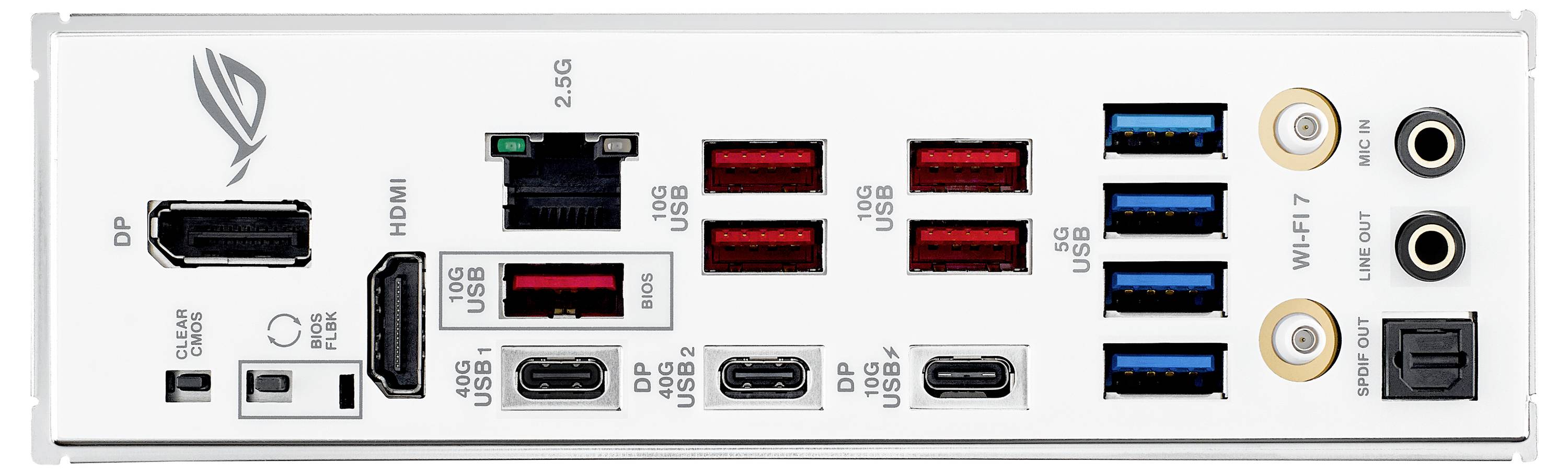 Rückseite eines Computer-Mainboards mit mehreren USB-Anschlüssen, Ethernet-Anschluss, Audioanschlüssen und Display-Ports.
