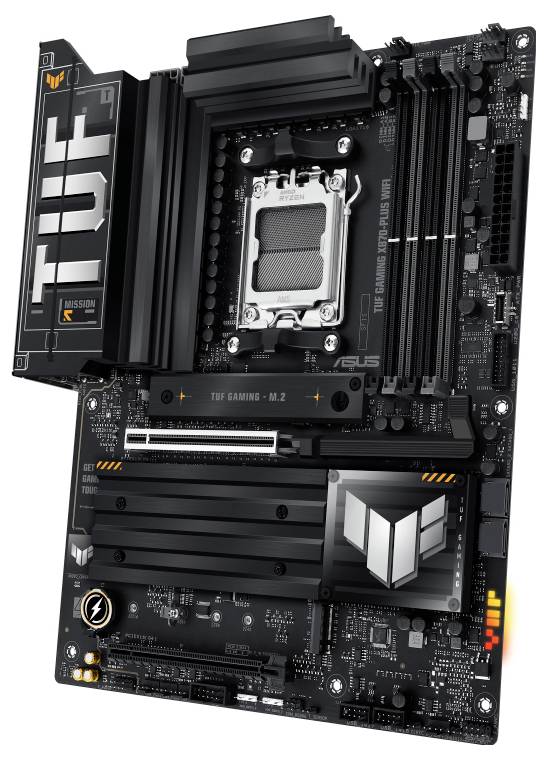 Schwarzes Mainboard im TUF-Design mit mehreren Ports und Kühlkörpern. Geeignet für Gaming-PCs mit leistungsstarker CPU-Unterstützung.