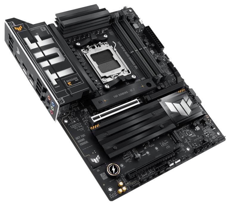Schwarzes ASUS TUF Gaming Mainboard mit mehreren RAM-Steckplätzen, Kühlkörpern und Anschlüssen. Eignet sich für leistungsstarke PC-Builds.