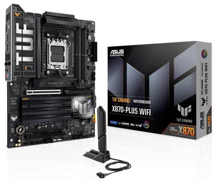 Mainboard 'TUF Gaming X670-Plus WIFI' neben Verpackung und Antenne. Geeignet für PCs, Betonung auf Gaming und Konnektivität.