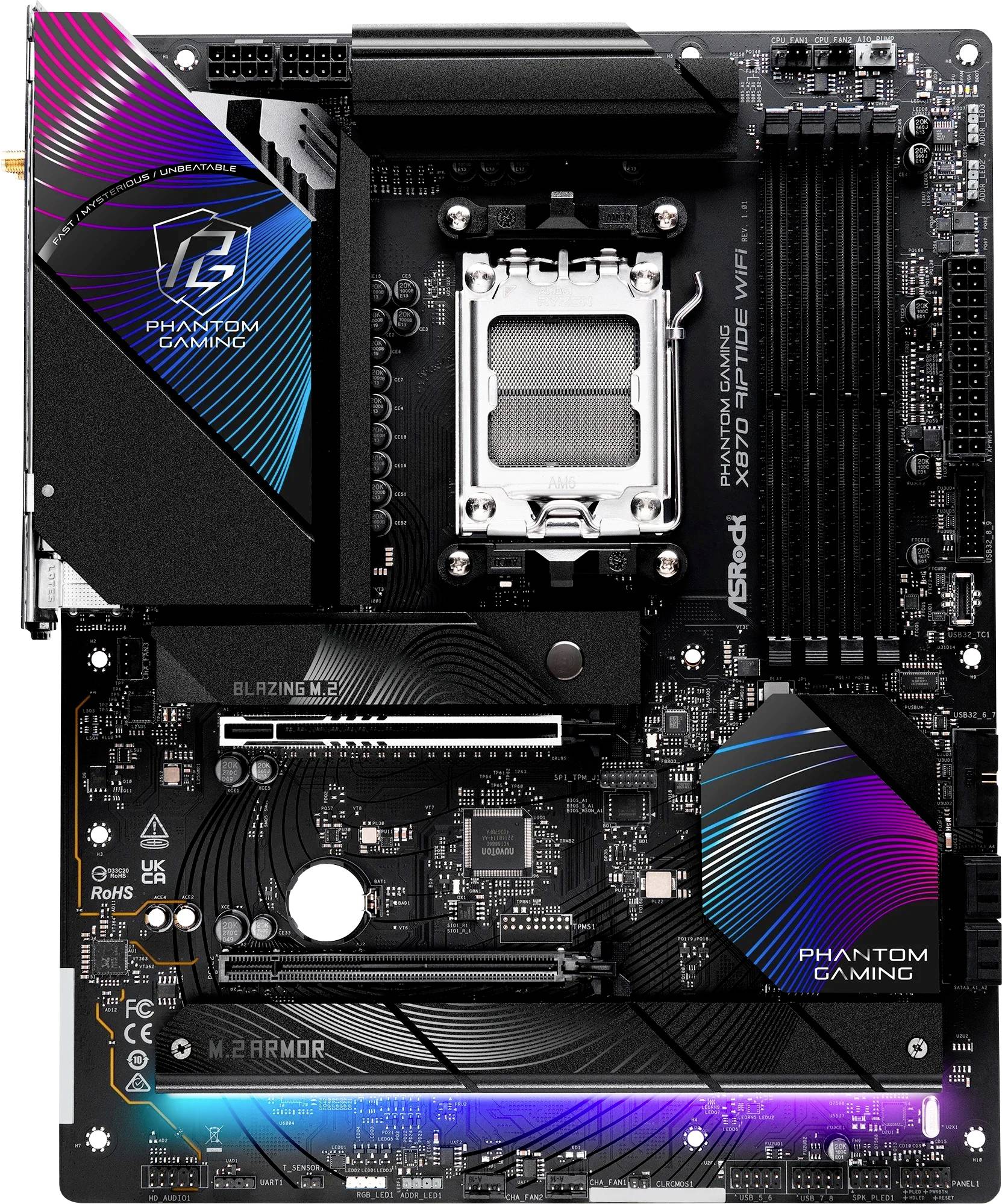 'ASRock Phantom Gaming X570 ITX/TB3 WiFi Motherboard' mit PCIe-Steckplätzen, RAM-Sockeln und RGB-Beleuchtung.