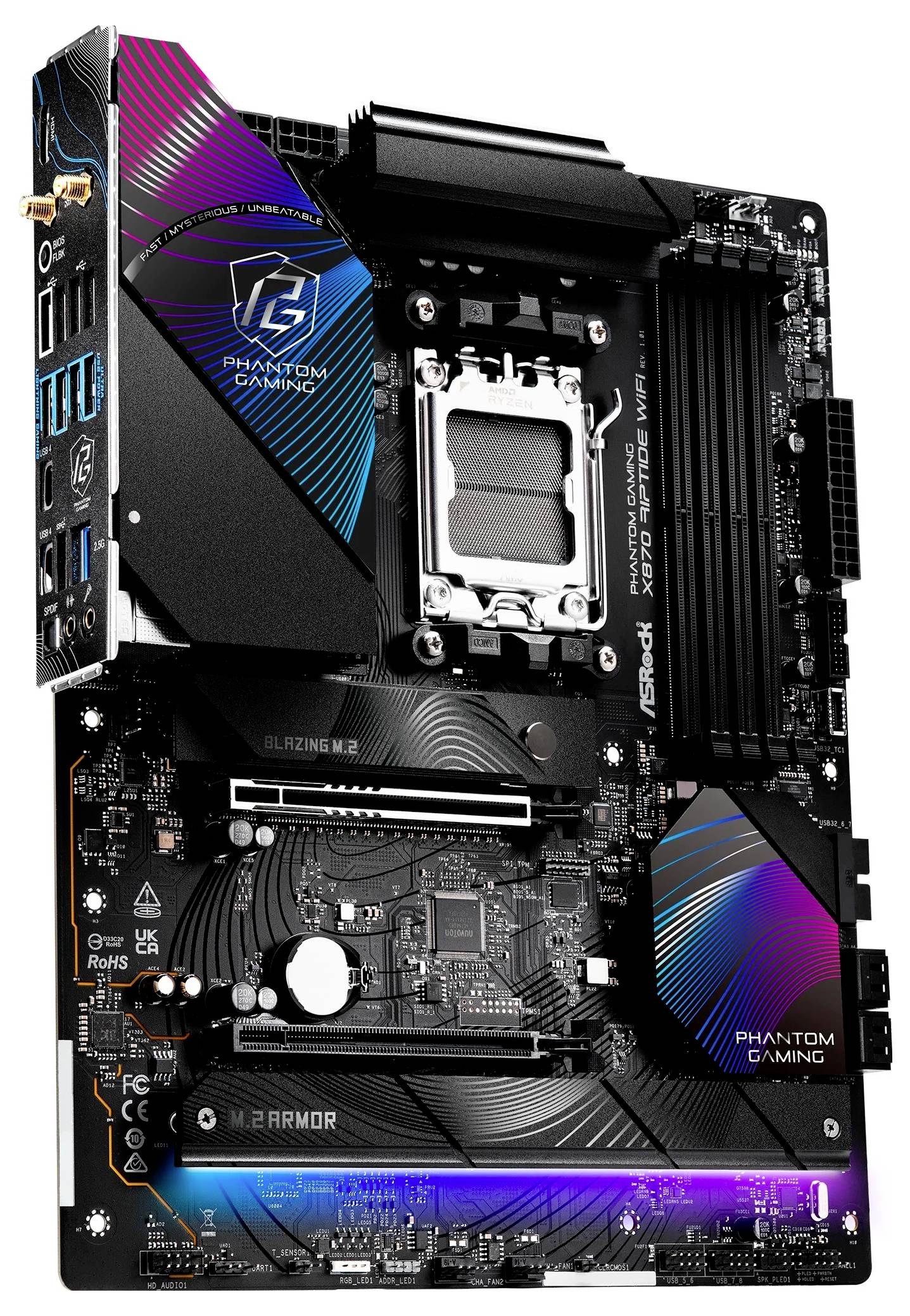 Computermainboard mit 'Phantom Gaming' Logo, mehreren Anschlüssen, Steckplätzen und bunten Designelementen.
