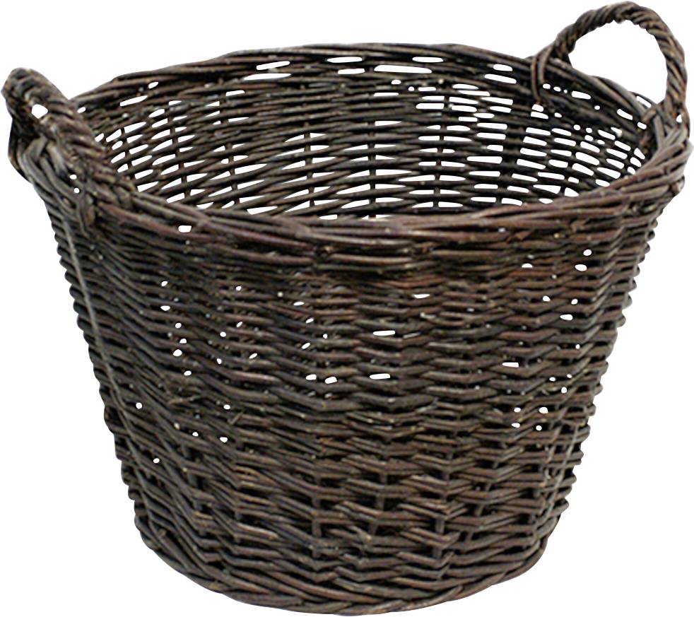 Ein leerer Korb aus dunklem, geflochtenem Rattan mit zwei seitlichen Griffen. Ideal als Aufbewahrungskorb für Zuhause.