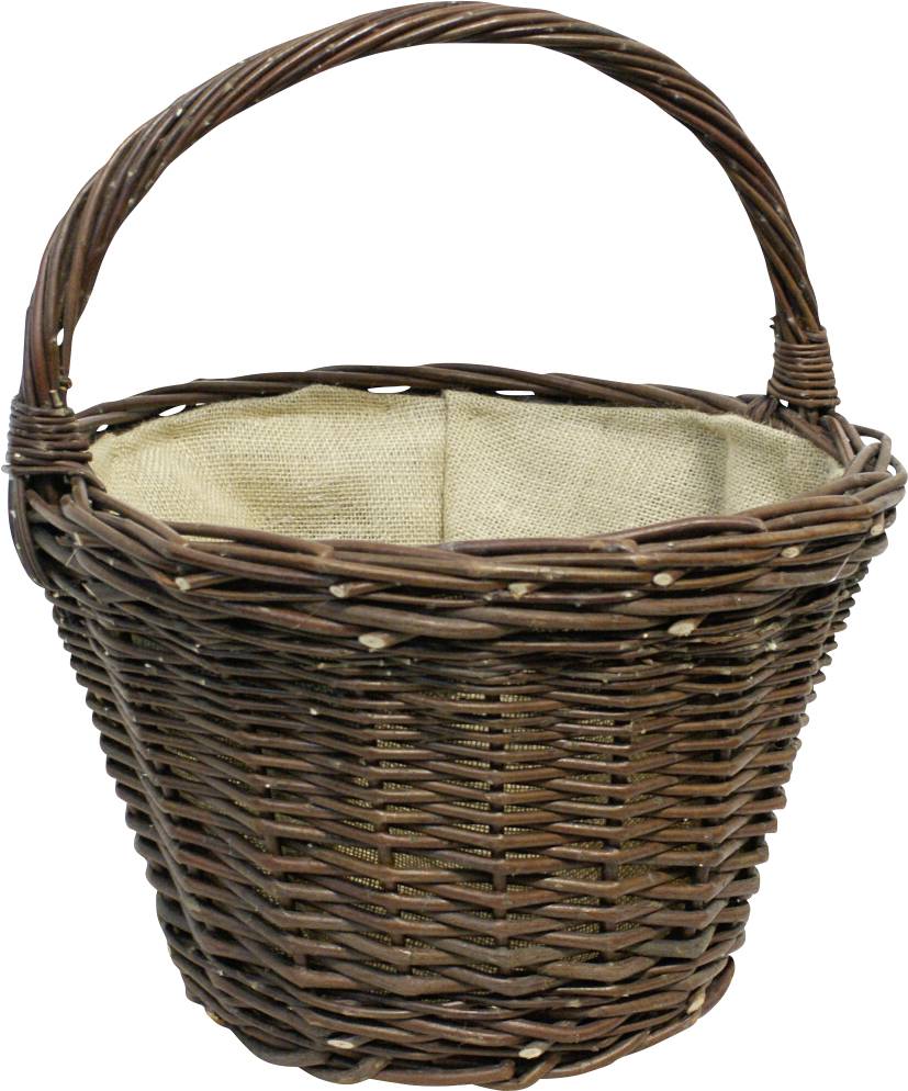 Ein leerer, brauner Weidenkorb mit Griff und Leinenfutter, geeignet für Einkäufe oder als Dekoration.