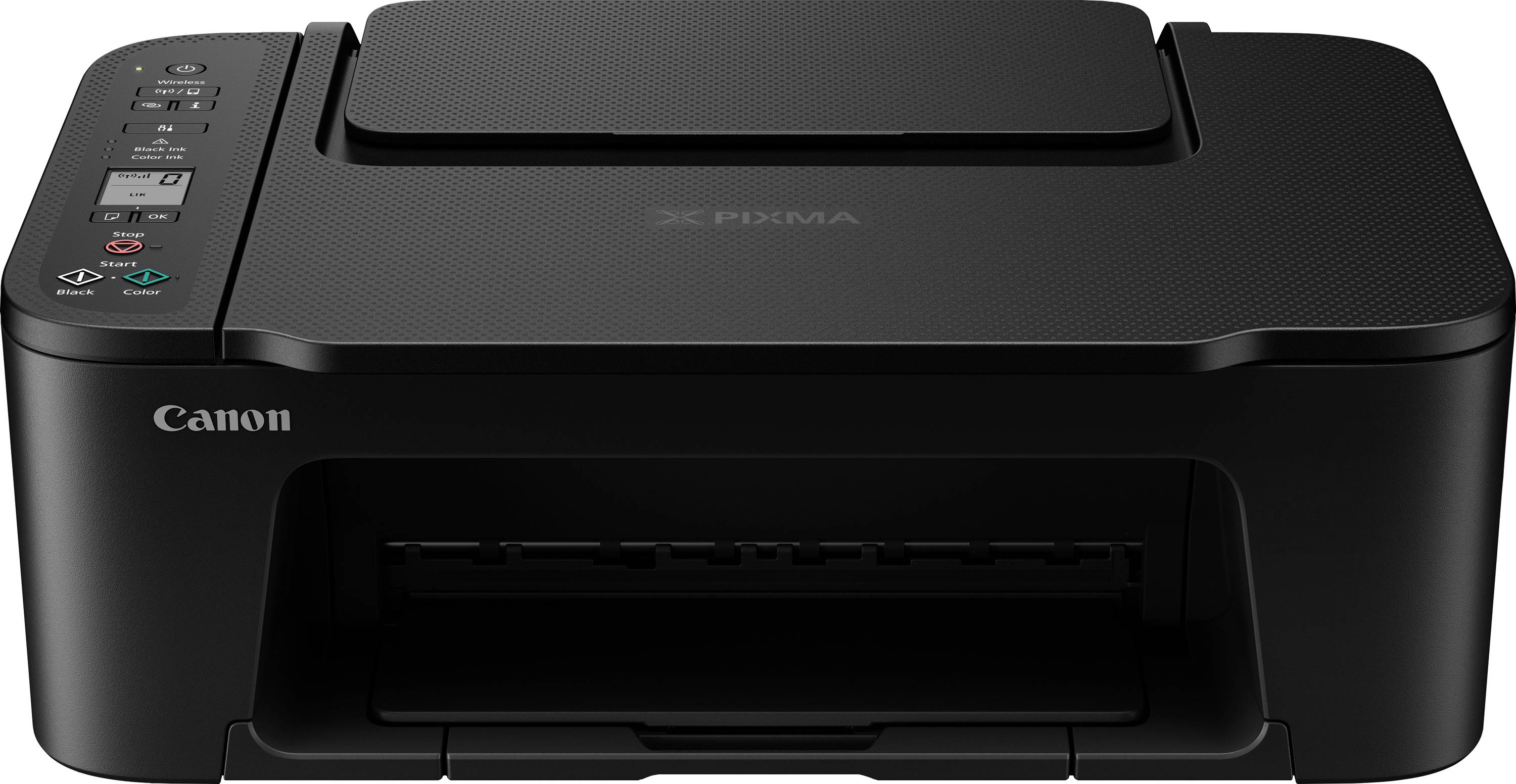 Ein schwarzer Canon PIXMA Drucker, Vorderansicht. Oben links befindet sich ein Bedienfeld mit Tasten.