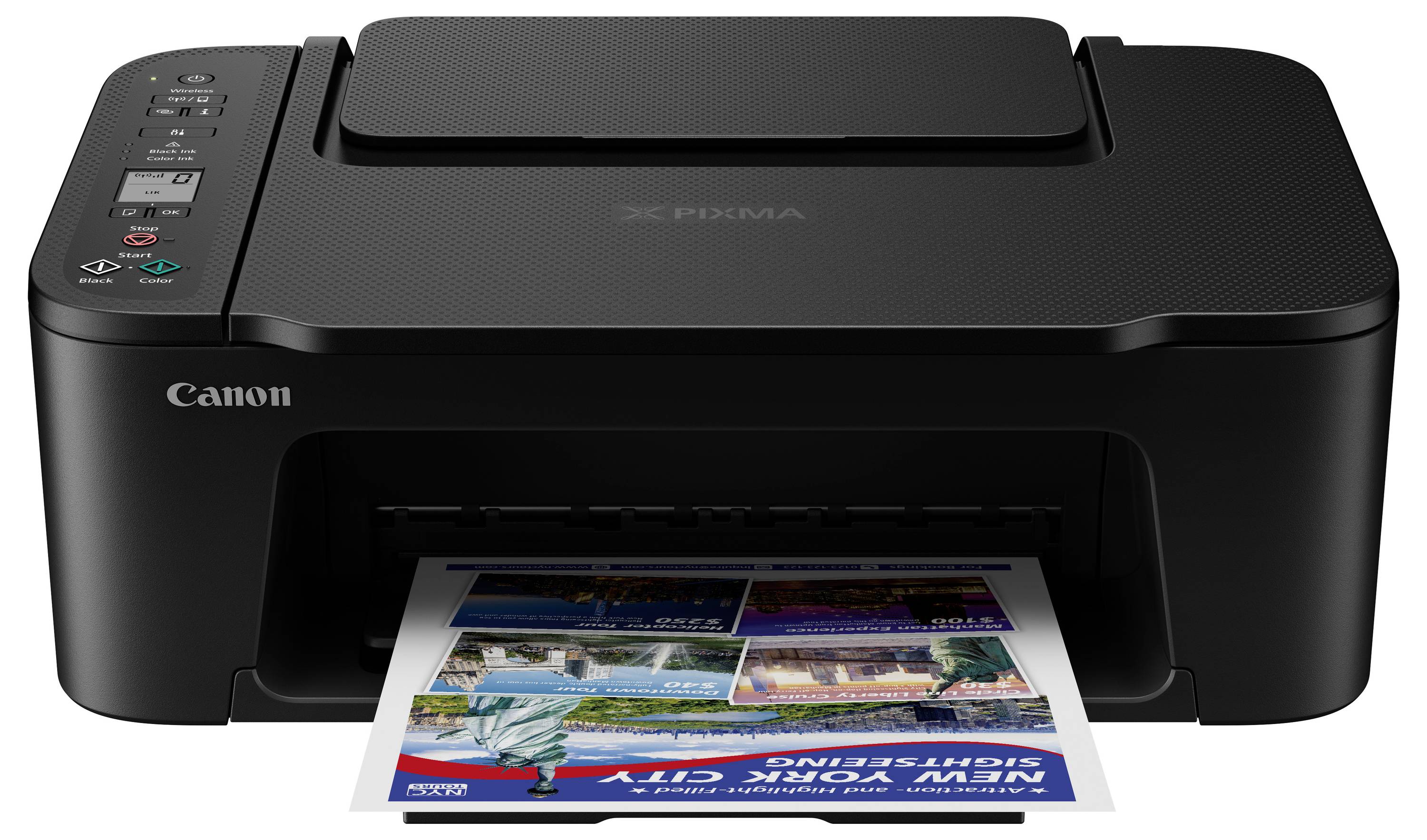 Schwarzer Multifunktionsdrucker auf einem Tisch, druckt ein Dokument mit Bildern und Text.