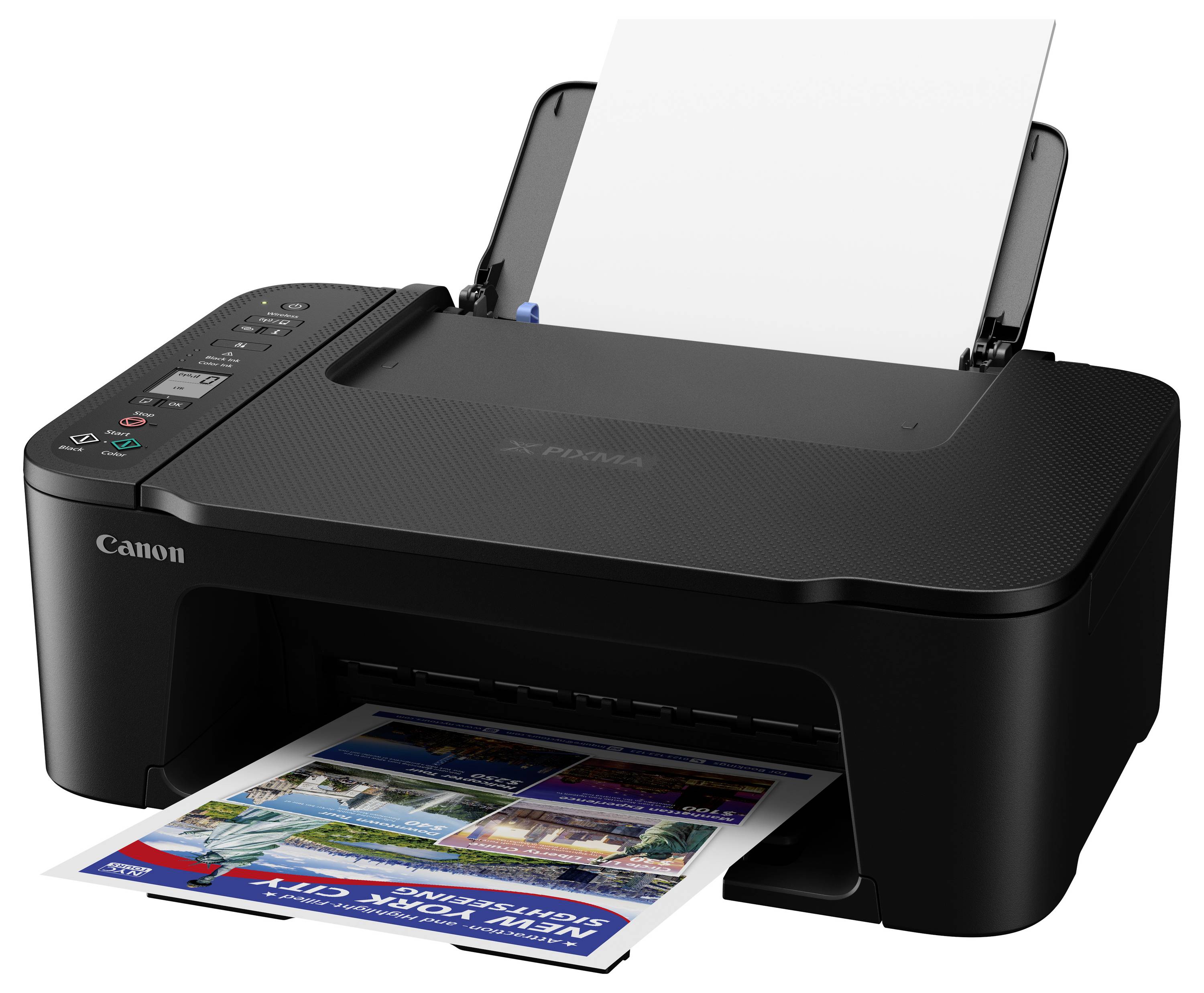 Ein schwarzer Canon-Drucker druckt ein farbiges Dokument. Papierzufuhr oben, Bedienfeld seitlich erkennbar.