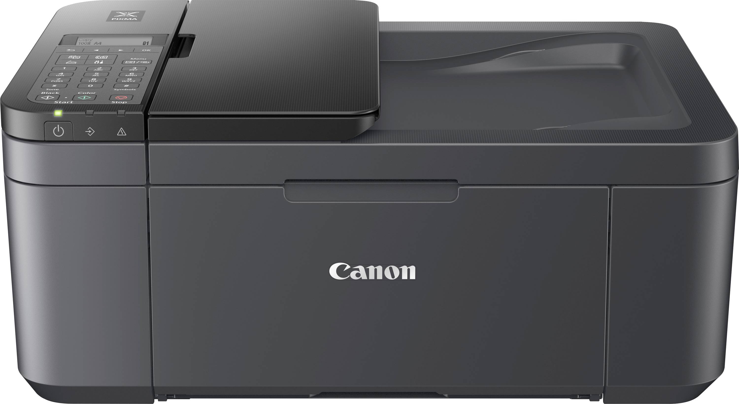 Schwarz-grauer Canon-Drucker mit Scan- und Kopierfunktion, Tastenfeld oben links, Markenlogo in der Mitte der Vorderseite.
