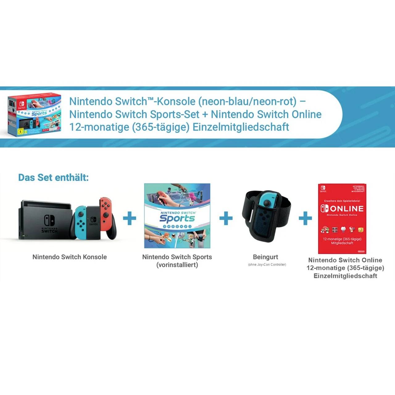 Nintendo Switch Konsole 32GB Grau, Neonblau, Neonrot inkl. Switch Sports + Gurt, inkl. 12 Monate Switch Online