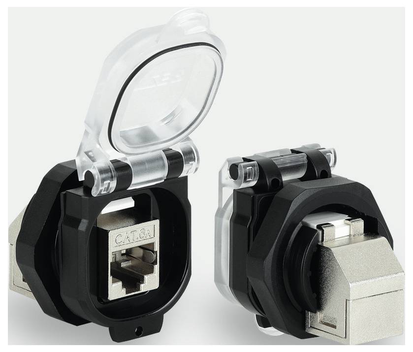 Zwei Metallstecker mit Kunststoffgehäuse, einer geöffnet, der andere geschlossen. Sie sind mit 'CAT 6A' gekennzeichnet.