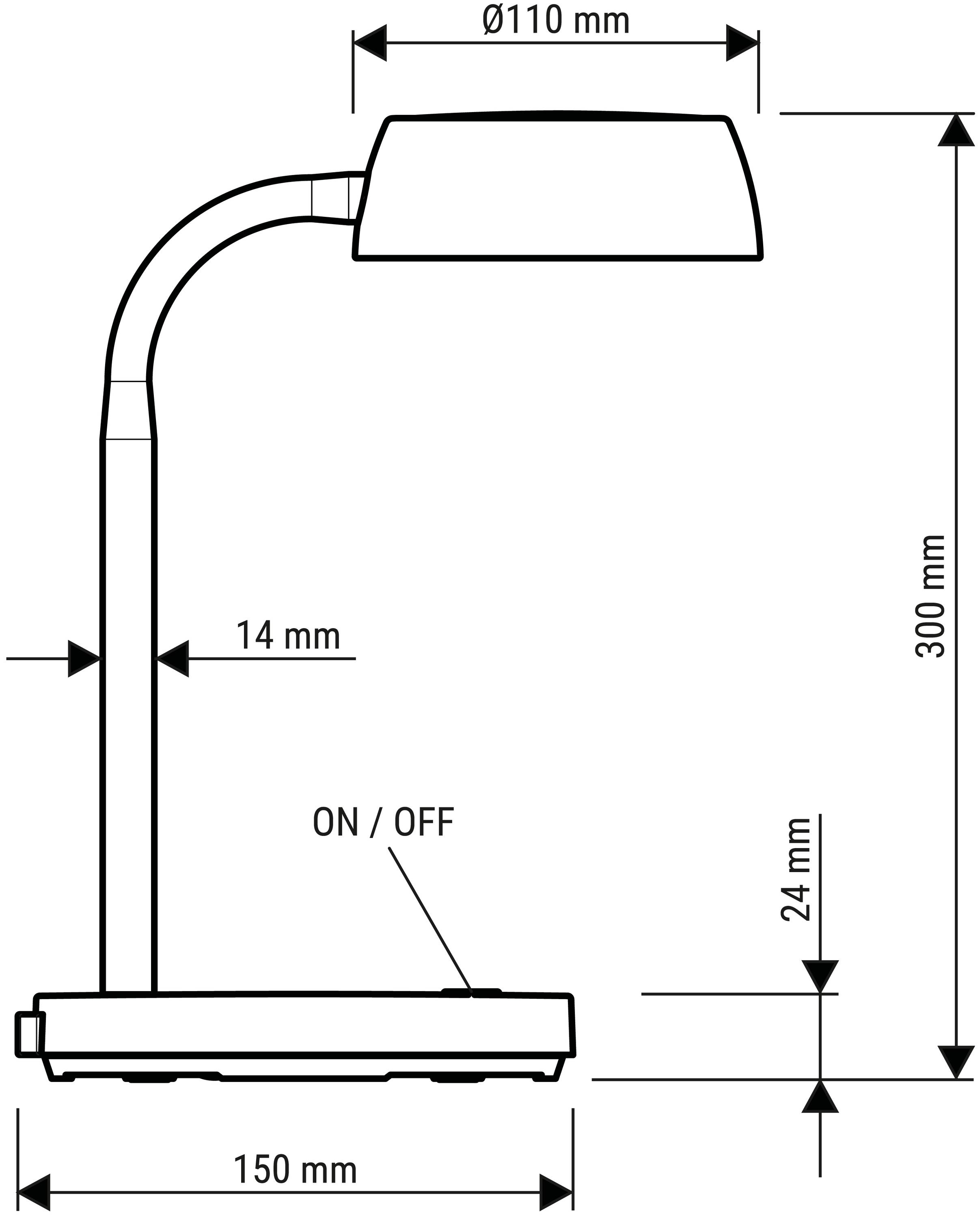 Strichzeichnung einer Tischlampe mit Schirm (Ø110 mm), Höhe 300 mm, Sockel 150 mm, Schalter mit Aufschrift 'ON/OFF', Aufbau in Seitensicht.