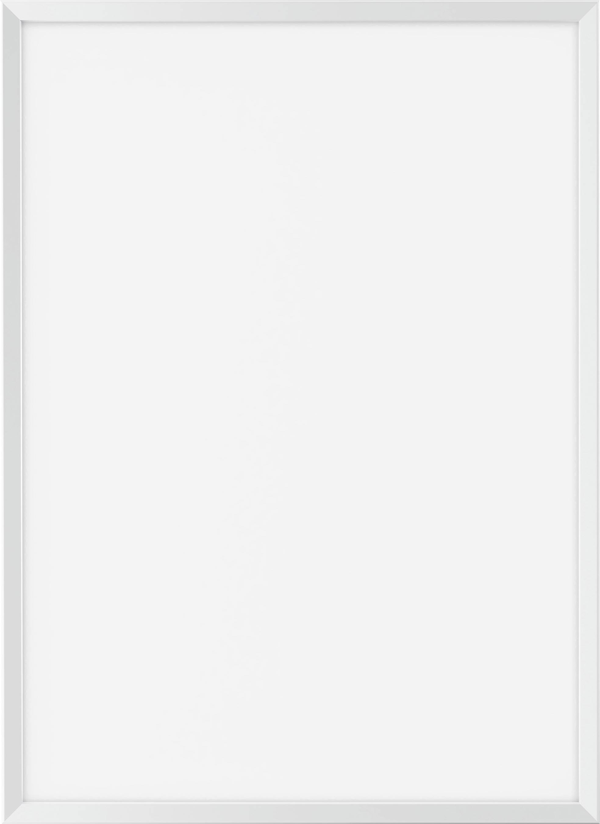 Leerer, weißer Bilderrahmen mit schlichtem Design und dünnem Rahmen, vor weißem Hintergrund.