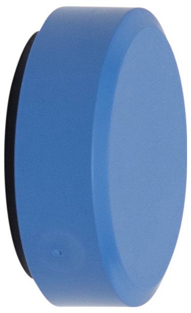 Ein blauer, runder Gegenstand, ähnlich einem Puck, seitlich von links gesehen.