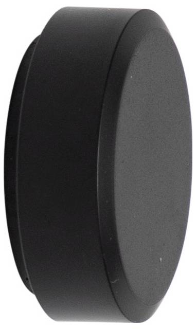 Schwarzer Eishockey-Puck aufrecht stehend, seitlich gesehen, vor weißem Hintergrund.