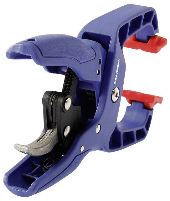 Eine blaue Kunststoffzange mit rotem Griff und Metallklemmen, geeignet zum Greifen oder Schneiden von Rohren und Kabeln.