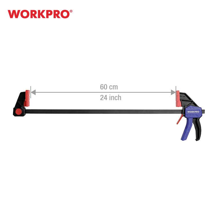'WORKPRO Schraubzwinge, 60 cm/24 inch' mit schwarzem Balken, roten Spannbacken und blauem Griff.