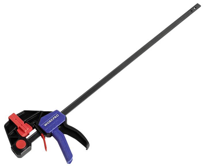 Eine Einhandzwinge mit blauer und roter Klemmmechanik, auf der der Name 'WORKPRO' steht, die zum stabilen Fixieren von Materialien dient.
