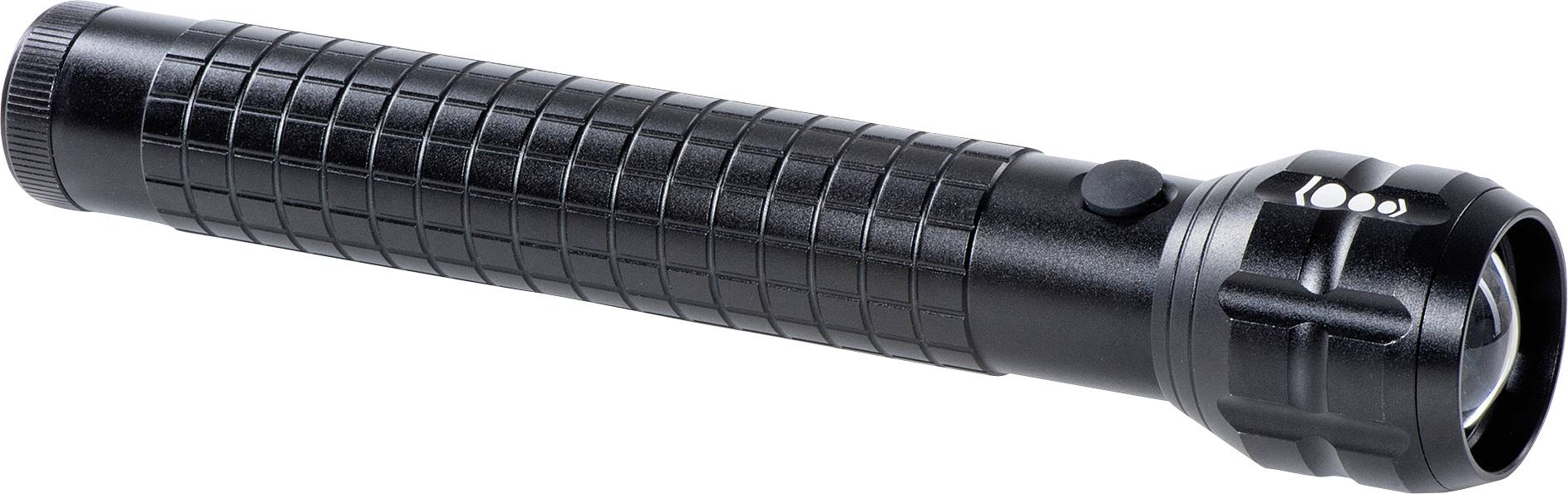 Schwarze Taschenlampe mit geripptem Griff und Druckknopf, liegt schräg auf einer Oberfläche.