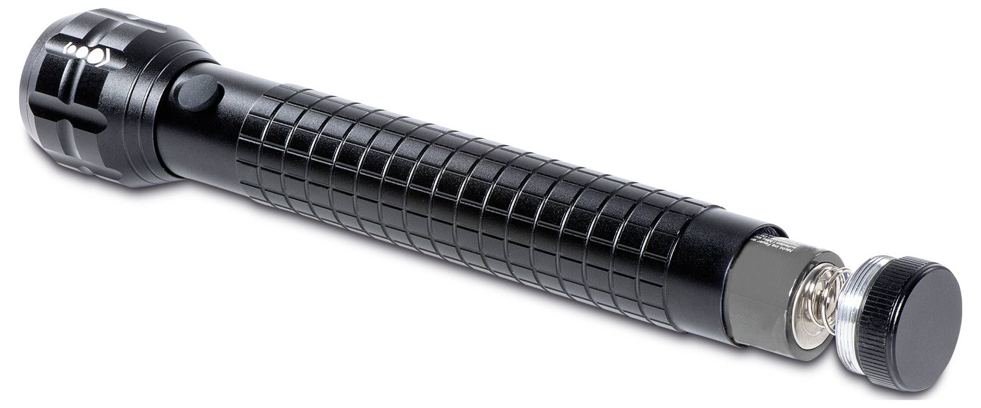 Taschenlampe mit Batteriefach geöffnet, Batterie erkennbar, vor weißem Hintergrund positioniert.