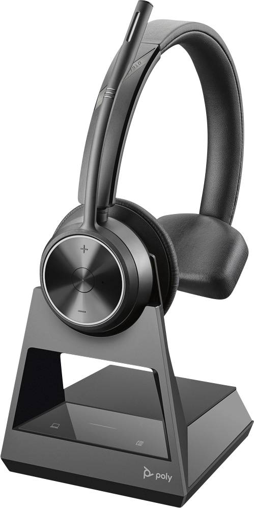 Schnurloses Headset mit Mikrofon auf einem Ladegerät, von der Marke Poly. Optimal für Büroumgebungen und Kommunikationsanwendungen.