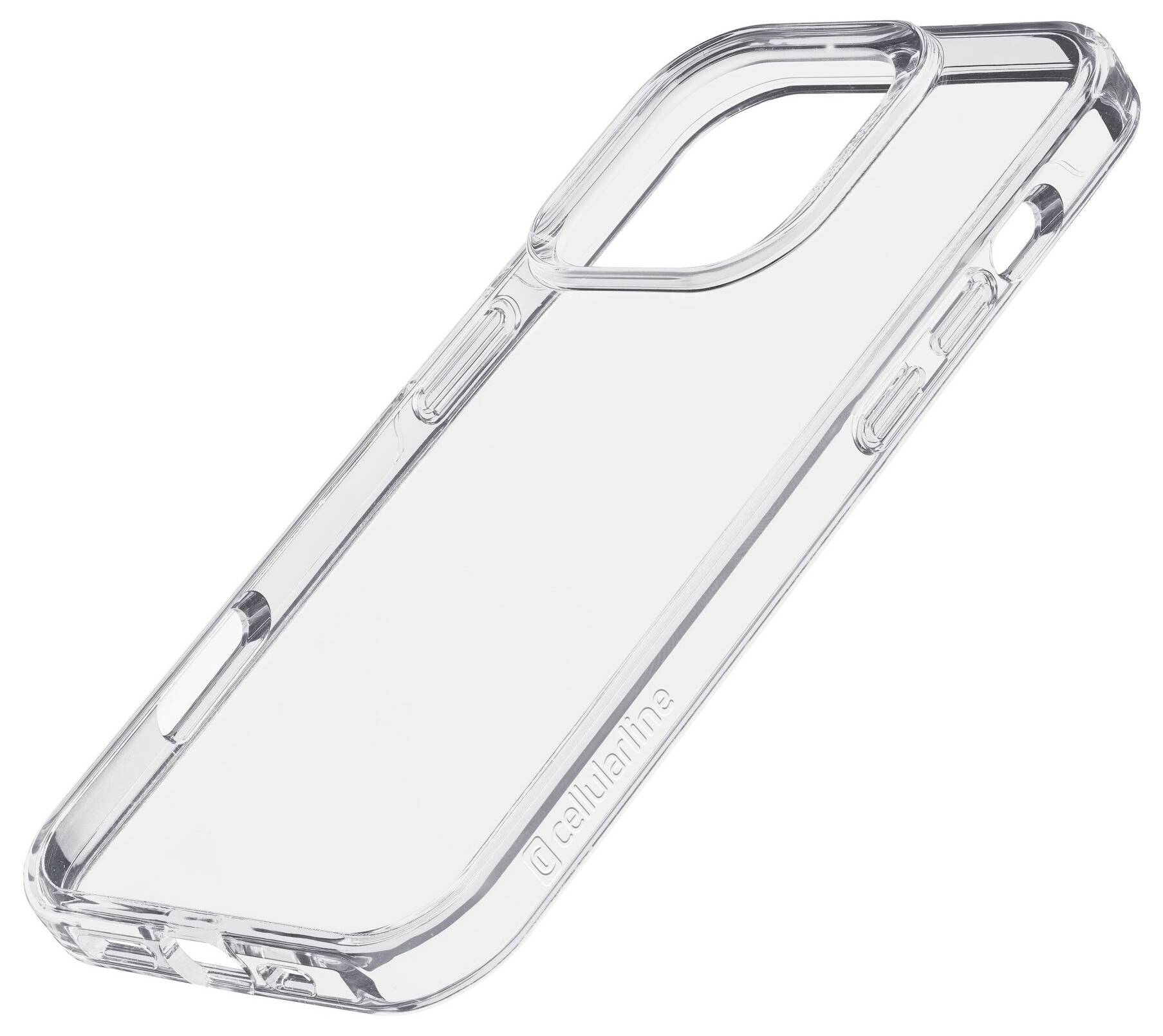 Eine transparente Handyhülle aus Kunststoff, mit Aussparungen für Kamera und Anschlüsse, leicht schräg von oben betrachtet.