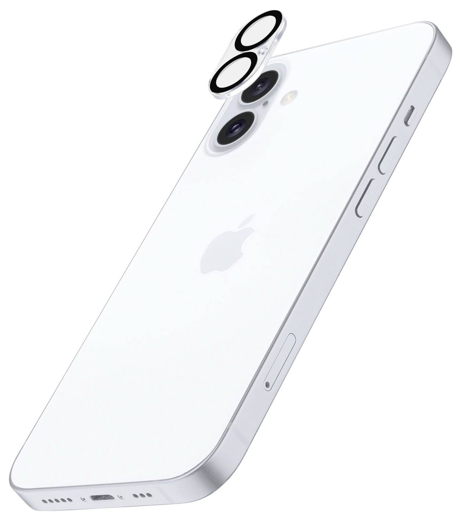 Weiße Rückseite eines modernen Smartphones mit zwei Kameralinsen und Blitzmodul oben links. Apple-Logo in der Mitte.