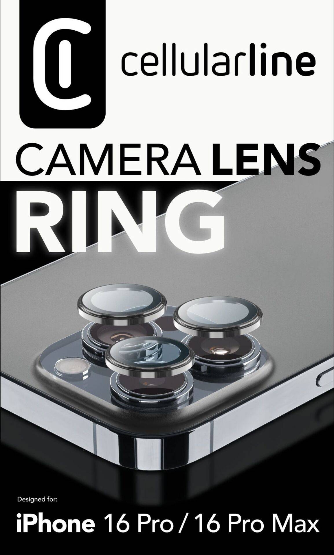 Auf dem Bild ist eine Werbeanzeige für ein Kameraobjektiv-Ring-Zubehör von Cellularline, passend für iPhone 16 Pro und 16 Pro Max.